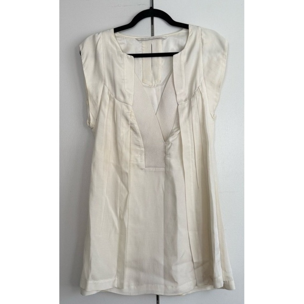 Twelfth‎ Street by Cynthia Vincent Cream Pleated Silk Blend V-Neck Tunic Top